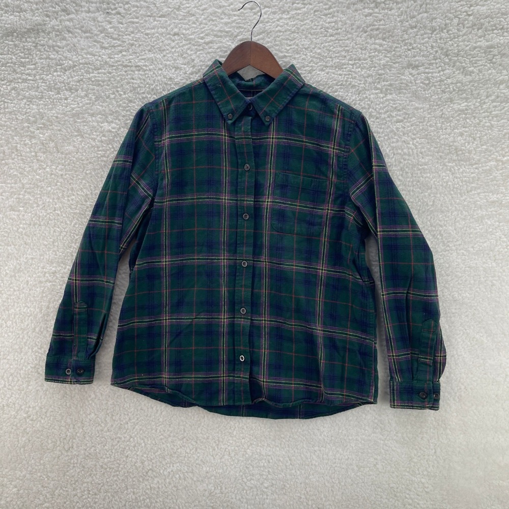 LL Bean Shirt Womens Medium Petite Green Pink Plaid Flannel Outdoor Granola Hike